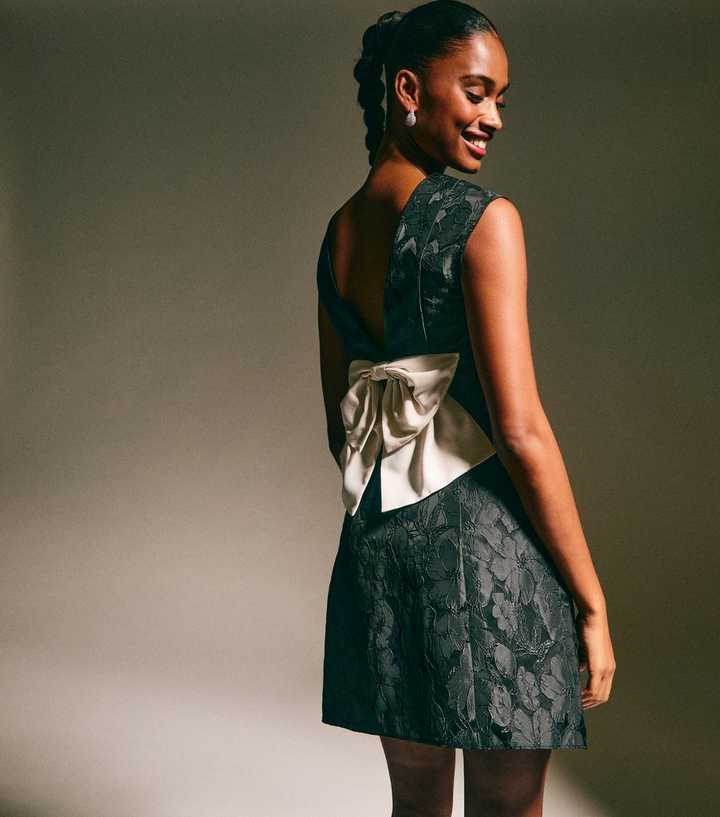 Black Floral Jacquard Bow Mini Dress