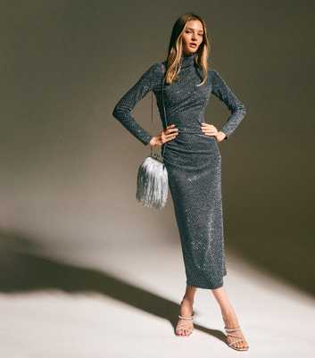 Grey Sparkle High Neck Long Sleeve Midi Dress