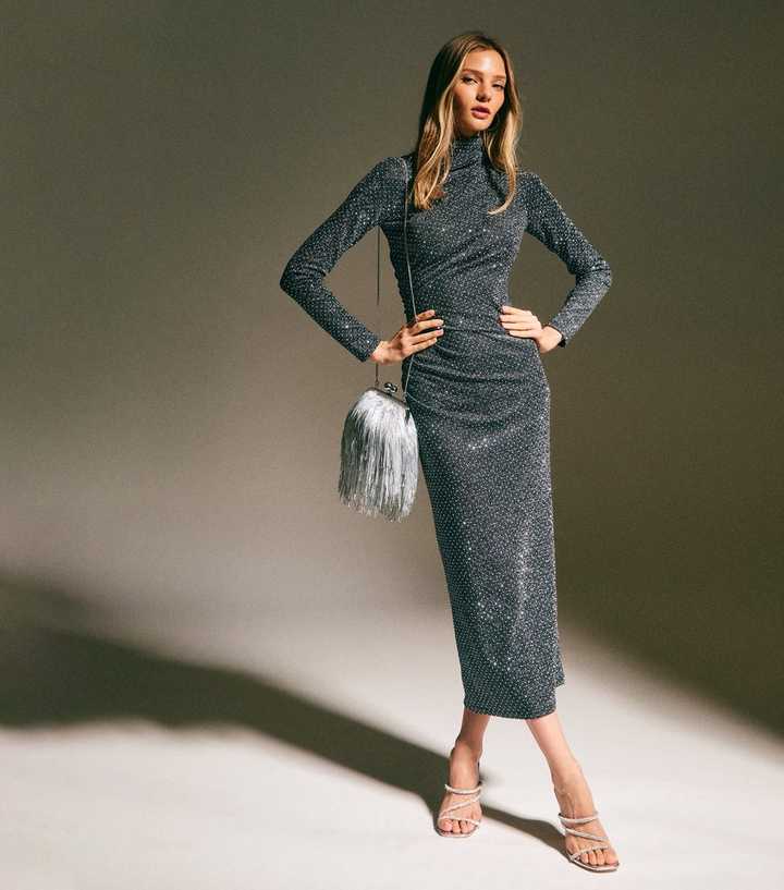Grey Sparkle High Neck Long Sleeve Midi Dress