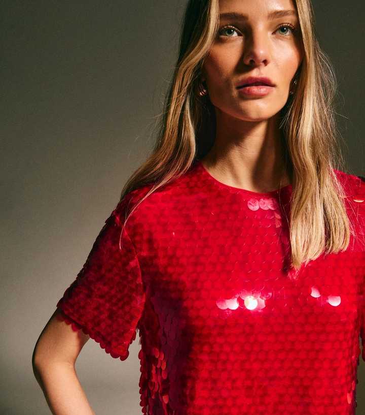 Bright Red Sequinned Short Sleeve Top