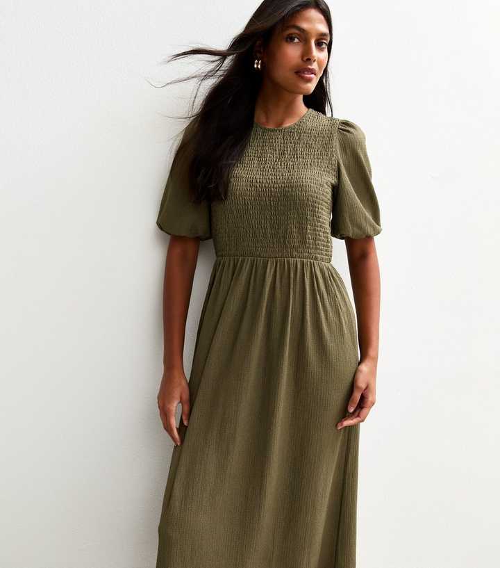 Khaki Crinkle Texture Puff Sleeve Smock Midi Dress