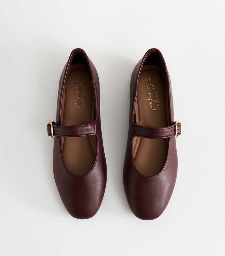 Dark Burgundy Faux Leather High Vamp Mary Janes Ballerina Flats