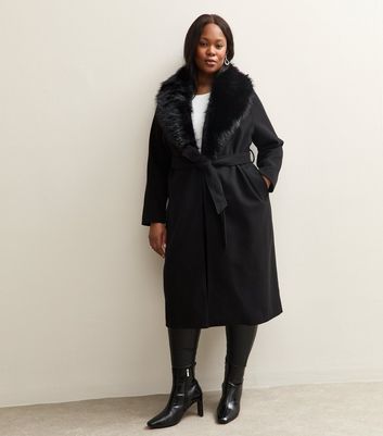 Curves Black Faux Fur Collar Belted Jacket | New Look