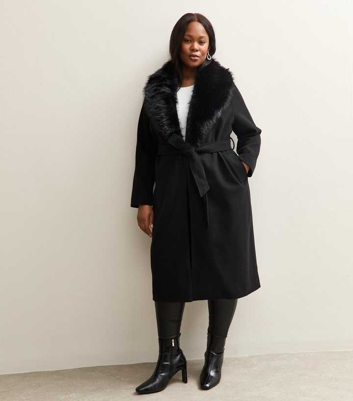 Curves Black Faux Fur Collar Belted Jacket