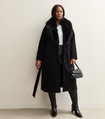 Curves Black Faux Fur Collar Belted Jacket | New Look
