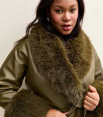 Curves Khaki Faux Fur Trimmed Faux Jacket