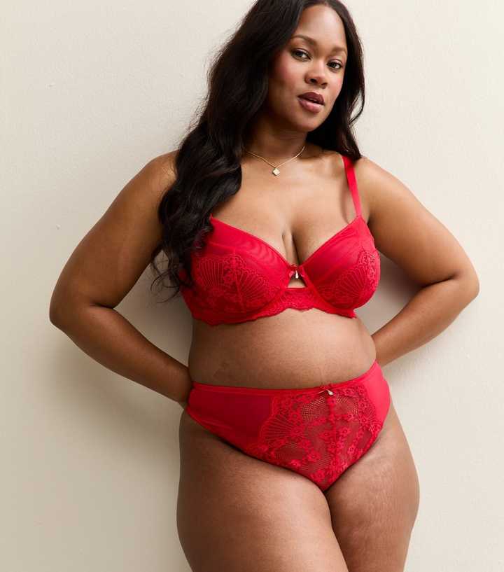 Curves Red Floral Lace Panel Mesh Thong