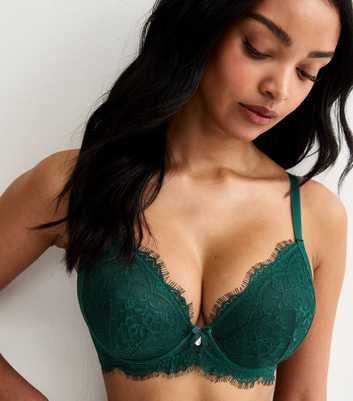 Dark Green DD+ Lace Padded Demi Bra