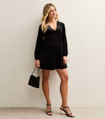 Maternity Black Velvet Long Sleeve Mini Dress
