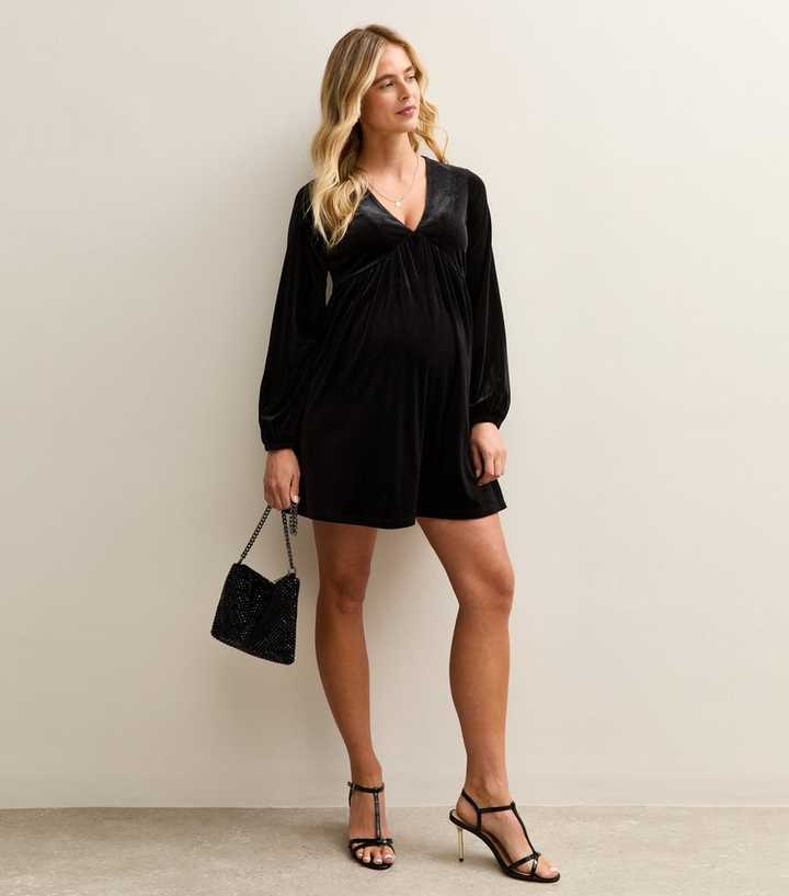 Maternity Black Velvet Long Sleeve Mini Dress