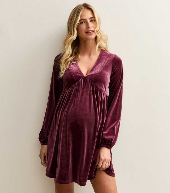 Maternity Burgundy Velvet Long Sleeve Mini Dress