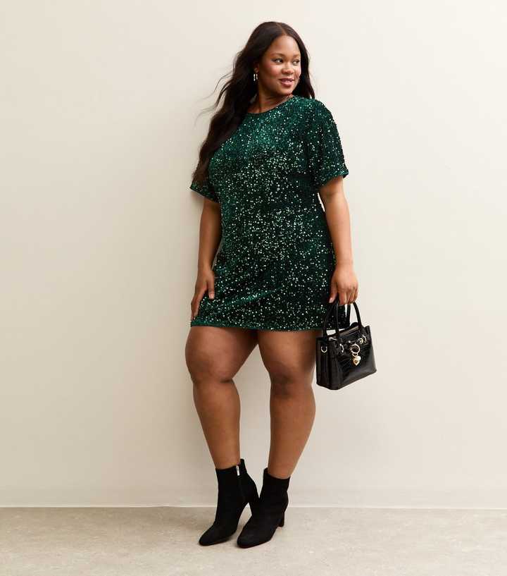 Curves Dark Green Sequin Short Sleeve Mini Dress | New Look