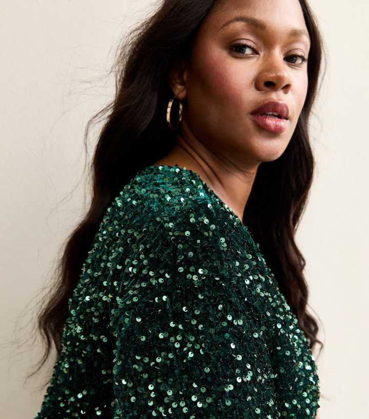 Curves Dark Green Sequin Short Sleeve Mini Dress | New Look