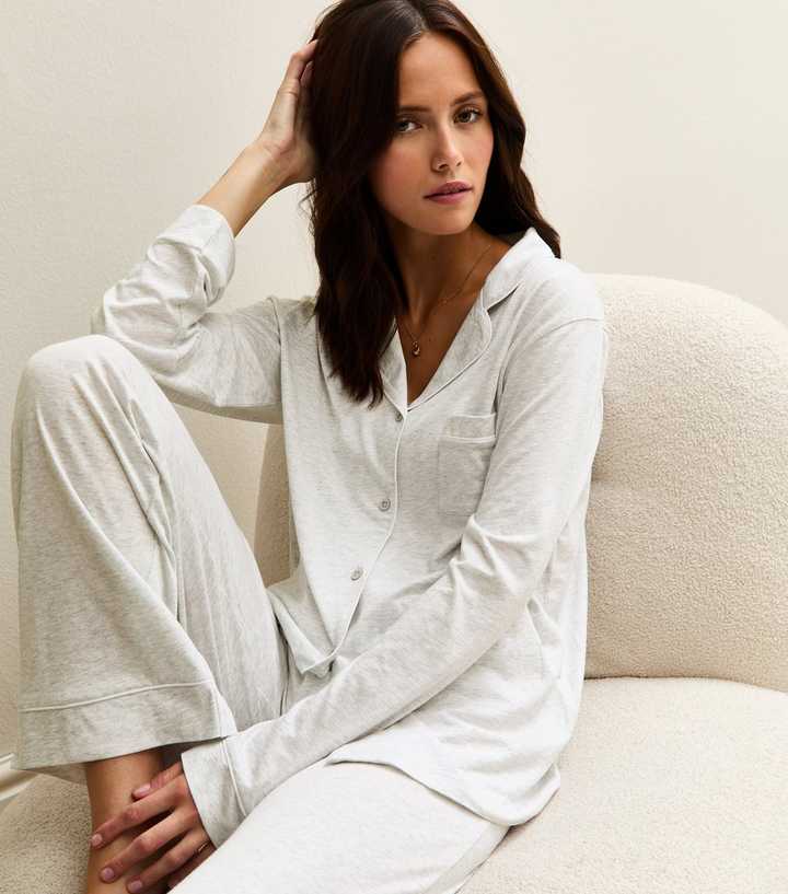 Marl Grey Contrast Trim Revere Collar Pyjama Set