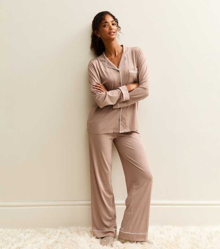 Mink Contrast Trim Revere Collar Pyjama Set