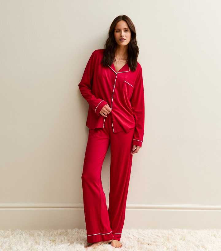 Bright Red Contrast Trim Revere Collar Pyjama Set
