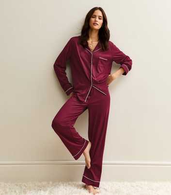 Dark Burgundy Contrast Trim Revere Collar Pyjama Set