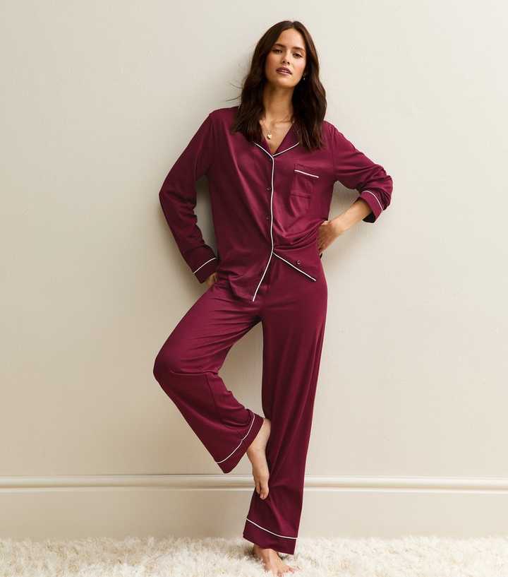 Dark Burgundy Contrast Trim Revere Collar Pyjama Set