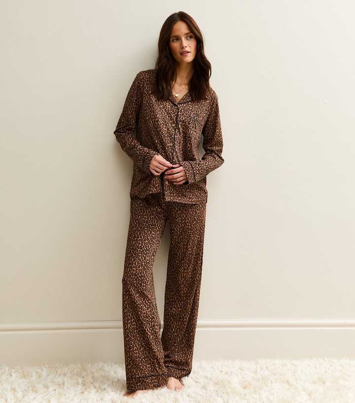 Brown Leopard Print Jersey Revere Collar Pyjama Set