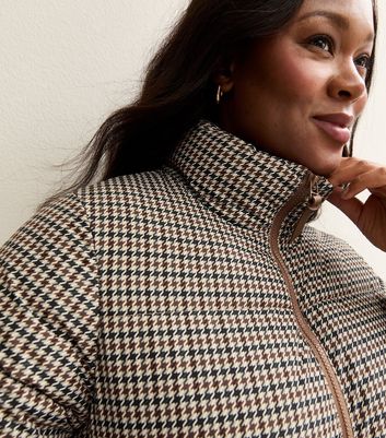 Curves Brown Houndstooth Check Pattern Cropped Puffer Jacket | New
