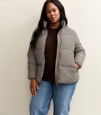 Curves Brown Houndstooth Check Pattern Cropped Puffer Jacket | New