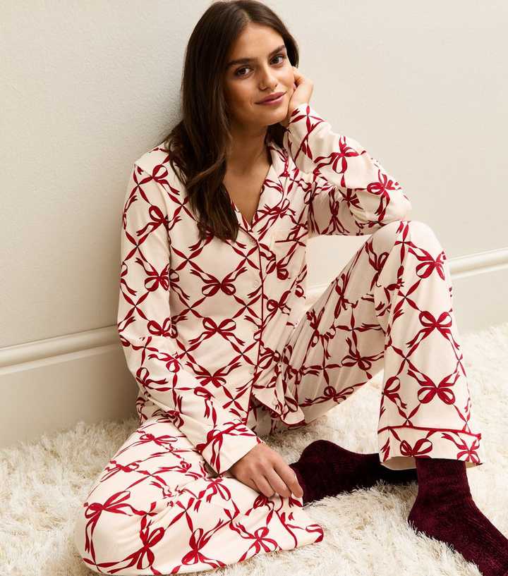 Red Jersey Bow Print Revere Collar Shirt and Trousers Pyjama Set