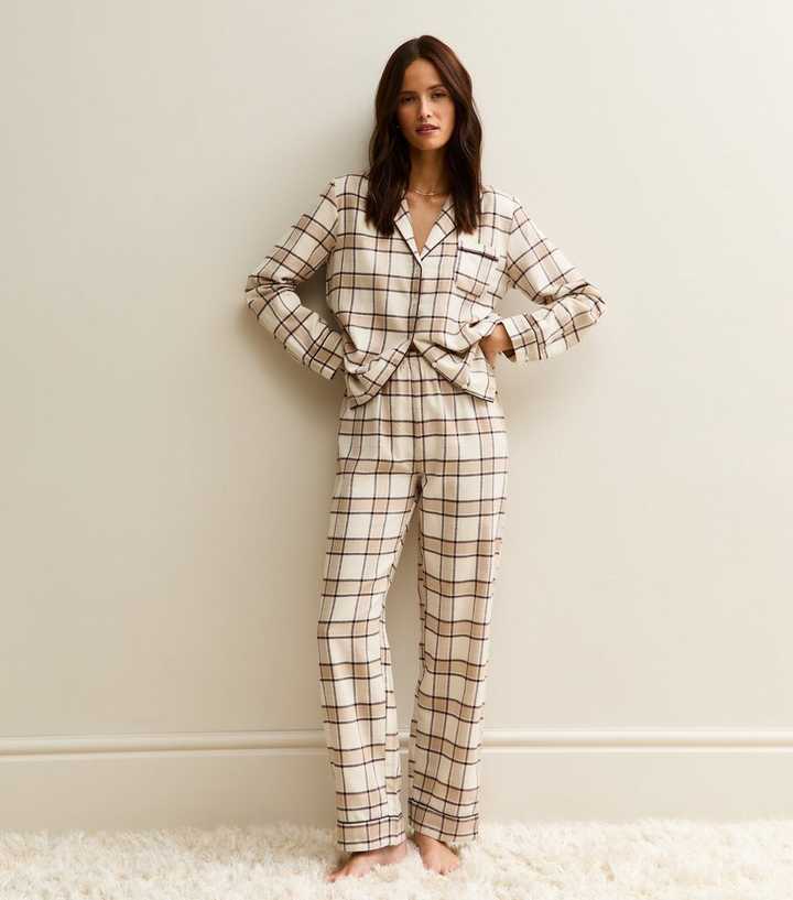 Brown Woven Check Pattern Revere Collar Pyjama Set