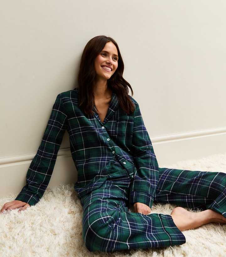Green Woven Check Pattern Revere Collar Pyjama Set