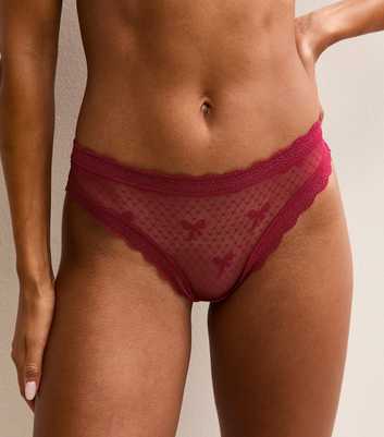 Burgundy Bow Embroidered Mesh Lace Trim Thong
