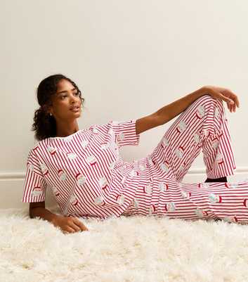 Red Christmas Santa Print Striped Pyjama Set