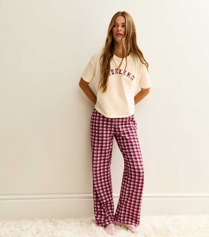 Burgundy Check Short Sleeve Top and Trousers Pyjama Set. 