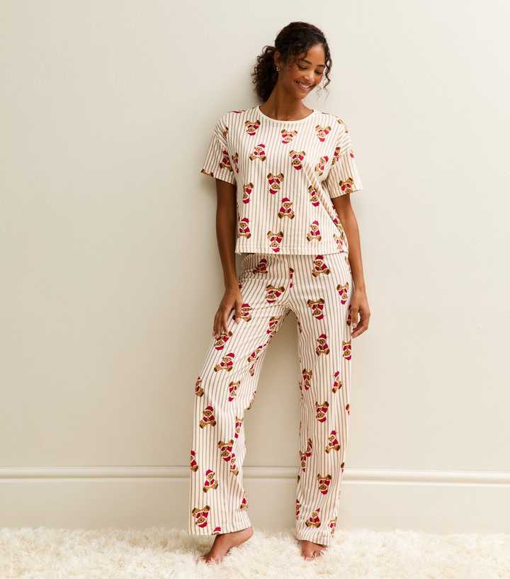 White Christmas Teddy Bear Print Striped Pyjama Set