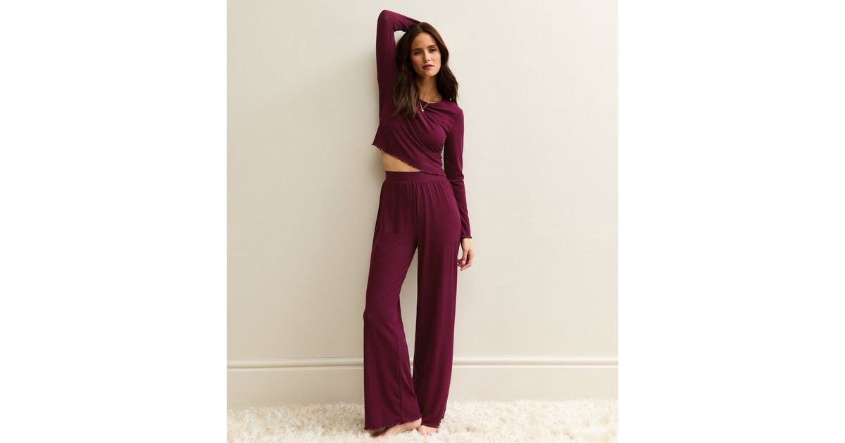 Dark Burgundy Ribbed Jersey Long Sleeve Top and Trousers Pyjama Set | New Look