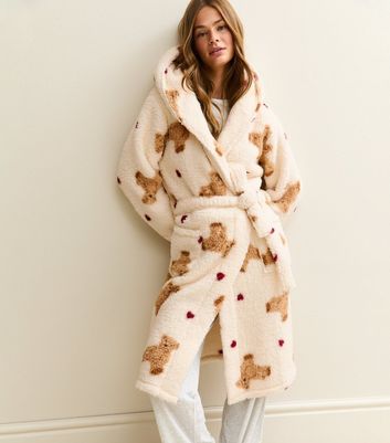 Cream Teddy Print Fleece Robe | New Look
