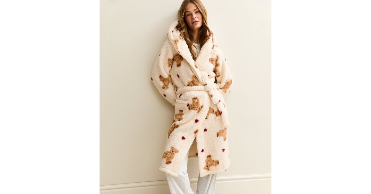 new look ladies dressing gowns Cream Teddy Print Fleece Robe MISHA COLLECTION