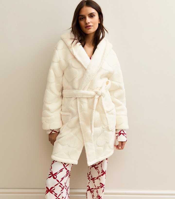White Heart Pattern Hooded Dressing Gown