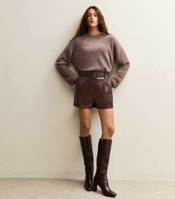 Dark Brown Faux Leather Belted Shorts