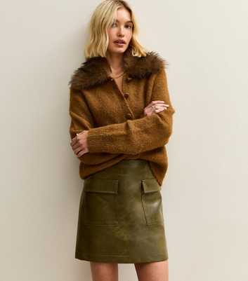 Dark Khaki Faux Leather Cargo Mini Skirt