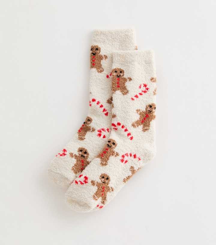 Cream Christmas Gingerbread Men Illustration Cosy Socks