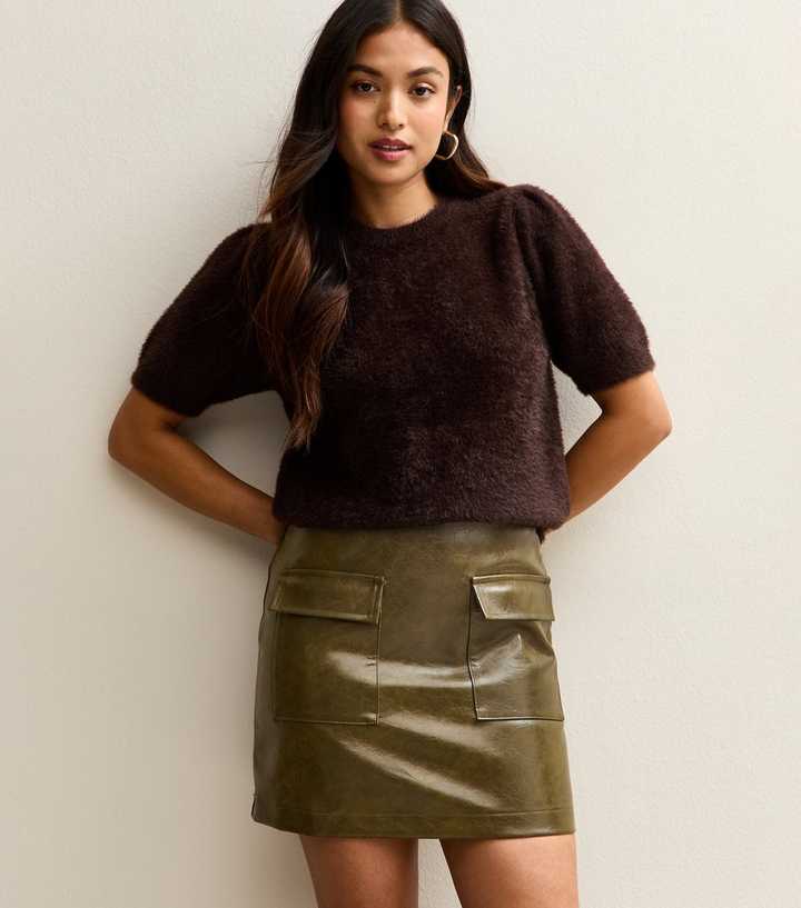 Petite Dark Khaki Cracked Faux Leather Mini Skirt