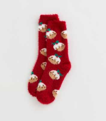 Bright Red Christmas Pudding Fluffy Ankle Socks