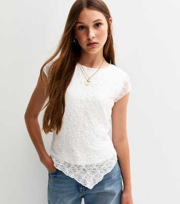 Girls White Asymmetric Lace Top