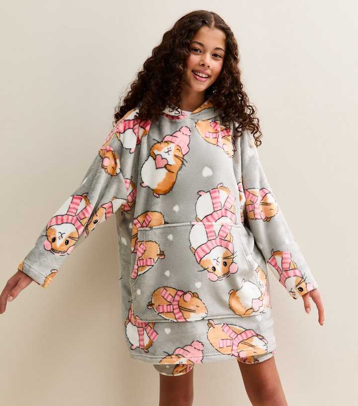 Girls Grey Maise Hamster Print Oversized Hoodie
