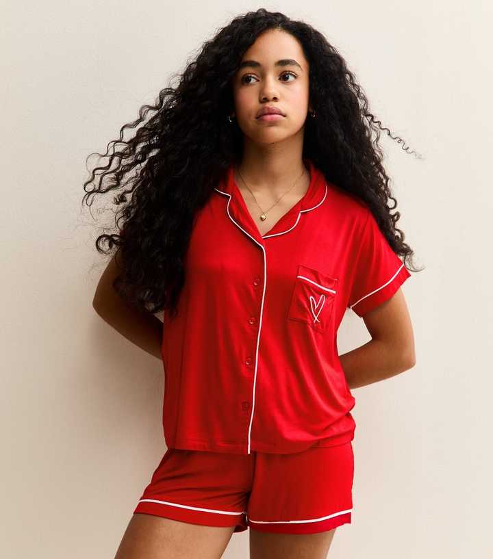 Girls Red Jersey Embroidered Heart Shirt and Shorts Pyjama Set