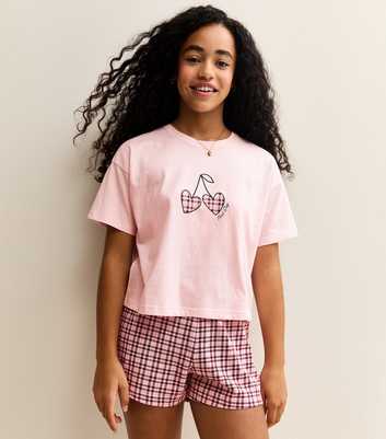 Girls Pink Check T-Shirt and Shorts Pyjama Set