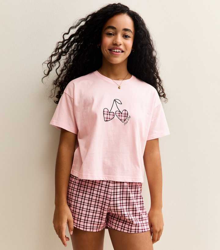 Girls Pink Check T-Shirt and Shorts Pyjama Set