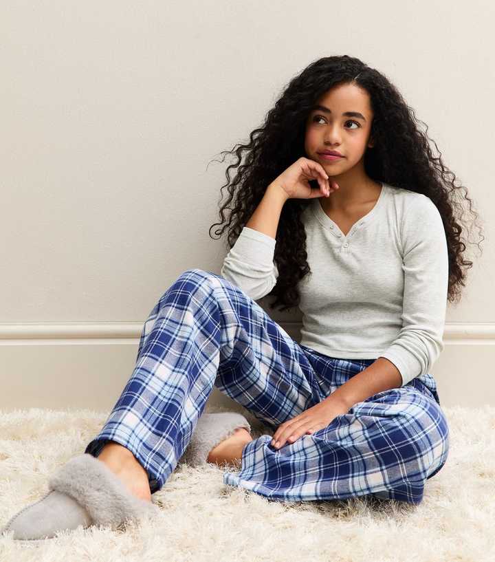 Girls Light Grey Henley Top and Checked Bottoms Pyjamas Set