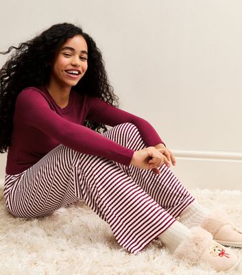 Girls Dark Burgundy Long Sleeve Top and Striped Trousers Pyjamas Set