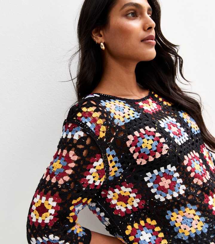 Sunshine Soul Black Crochet Patchwork Pattern Jumper