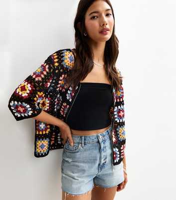 Sunshine Soul Black Crochet Boxy Bomber Jacket